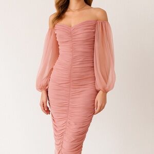 NWT Kylie Pink Off-Shoulder Ruched Mesh Sleeve Dress - Size S